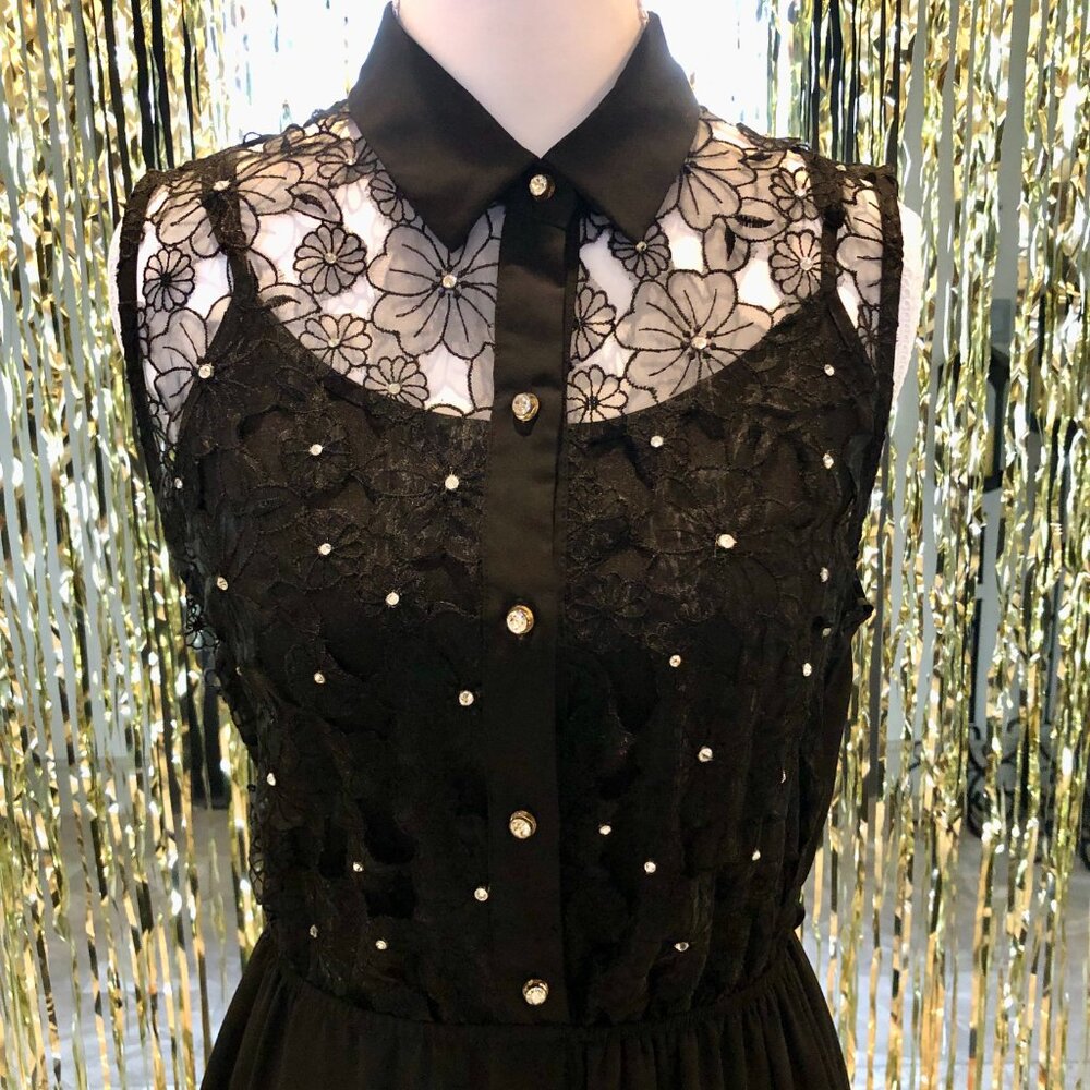 Black Dress Rhinestone Embellishment Embroidered Lace Size M Forever 21 Evening - Picture 5 of 16